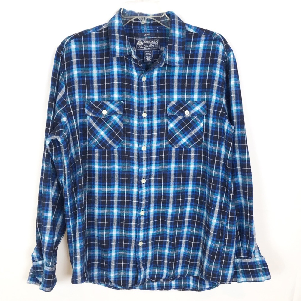 AMERICAN RAG Blue Plaid Flannel Shirt-Large